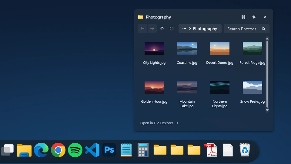 Dockvia Folder Stack showing the Photography folder above the Windows Dock