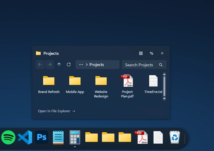 Direct Dockvia product capture showing a Projects Folder Stack with project folders, a PDF and a document above the Dock