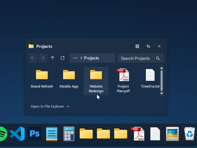 Projects Folder Stack showing Brand Refresh, Mobile App, Website Redesign, Project Plan.pdf and Timeline.txt