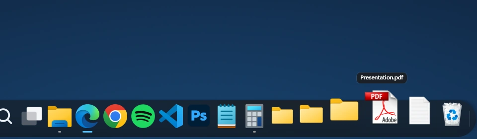 Applications, folders and files together on Dockvia, with the real Presentation.pdf label visible