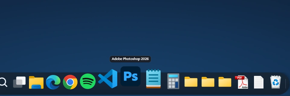 Adobe Photoshop and other applications alongside pinned folders and documents in a real Dockvia capture