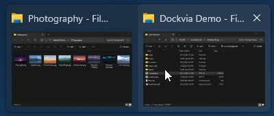 The two window preview cards, with the close control shown on the hovered Dockvia Demo card
