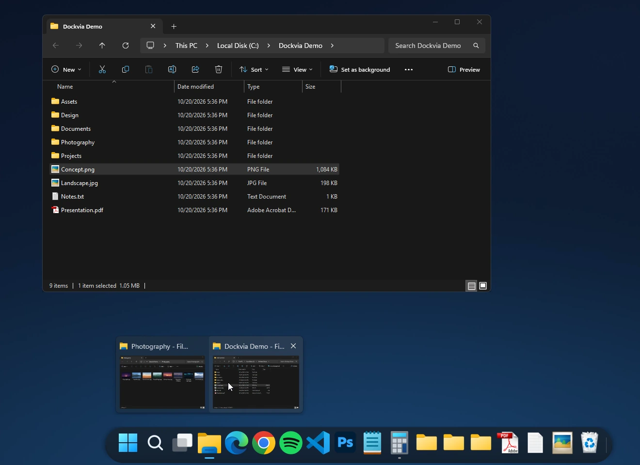 Dockvia window previews for two File Explorer windows above the Dock, with Live Peek showing the Dockvia Demo window in place on the Windows desktop