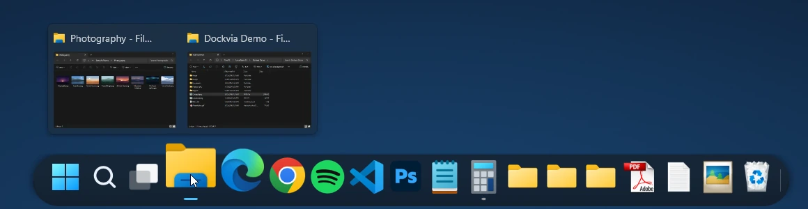 Two File Explorer windows previewed above the Dockvia Dock, one card for Photography and one for Dockvia Demo
